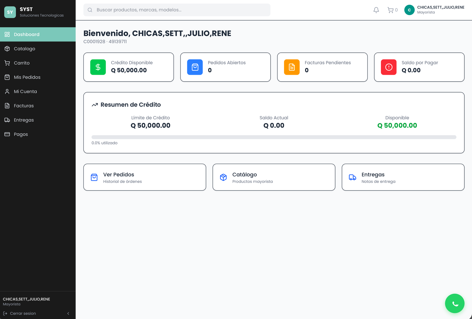 Dashboard del Portal SYST - Vista previa del panel de control para vendedores de accesorios en Guatemala
